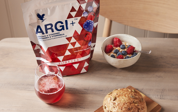 ARGI+, Forevers oppfriskende kosttilskudd med aminosyren L-arginin og flere viktige vitaminer, som B6 og B12. 