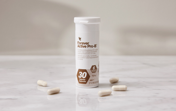 Forever Active Pro-B inneholder åtte milliarder levende melkesyrebakterier og mineralet sink. 